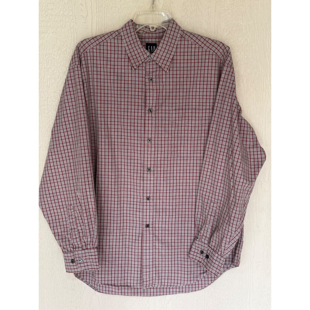 Gap Mens Large Button Down Shirt‎ Red Grey Plaid Check Long Sleeve Cotton L